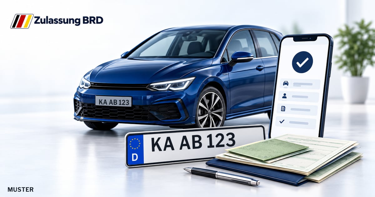 Online Fahrzeugzulassung in Ubstadt-Weiher: Musterkennzeichen KA AB 123, Auto und Fahrzeugpapiere und Smartphone. Illustration mit Logo von Zulassung BRD.